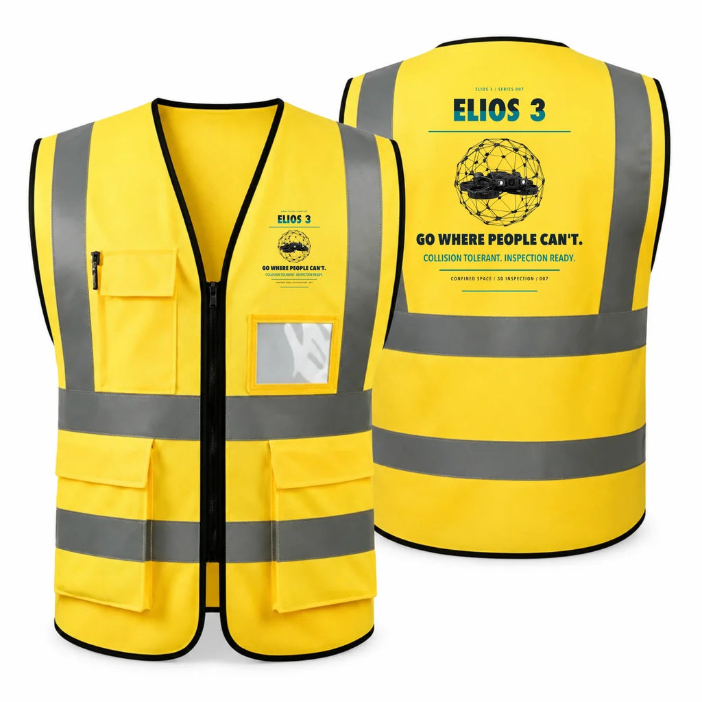 Flyability Elios 3 aviation design on yellow high-visibility reflective vest