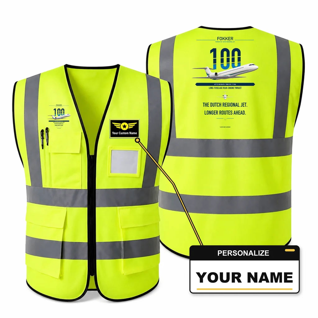Fokker 100 aviation design on fluorescent green high-visibility reflective vest with custom name badge