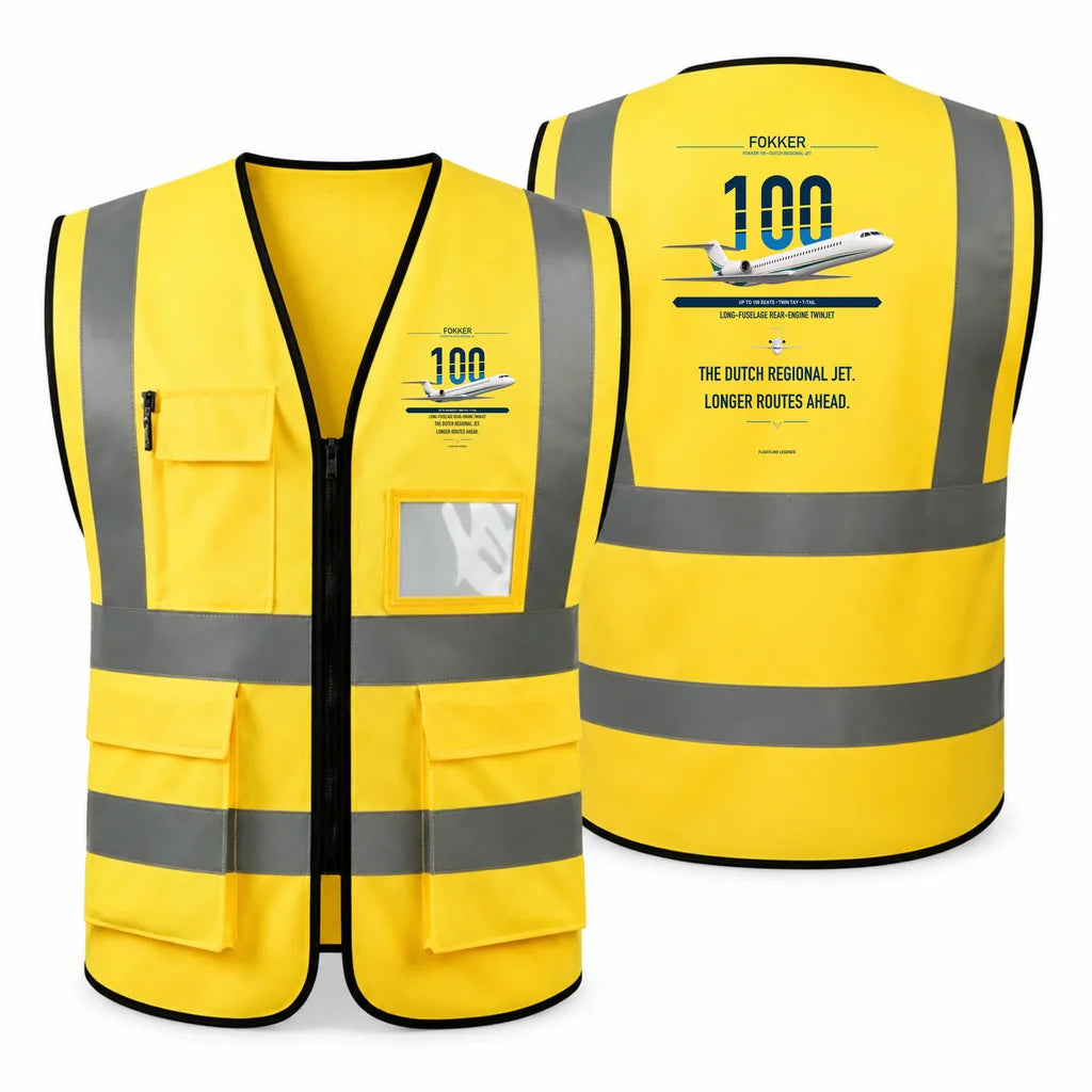 Fokker 100 aviation design on yellow high-visibility reflective vest