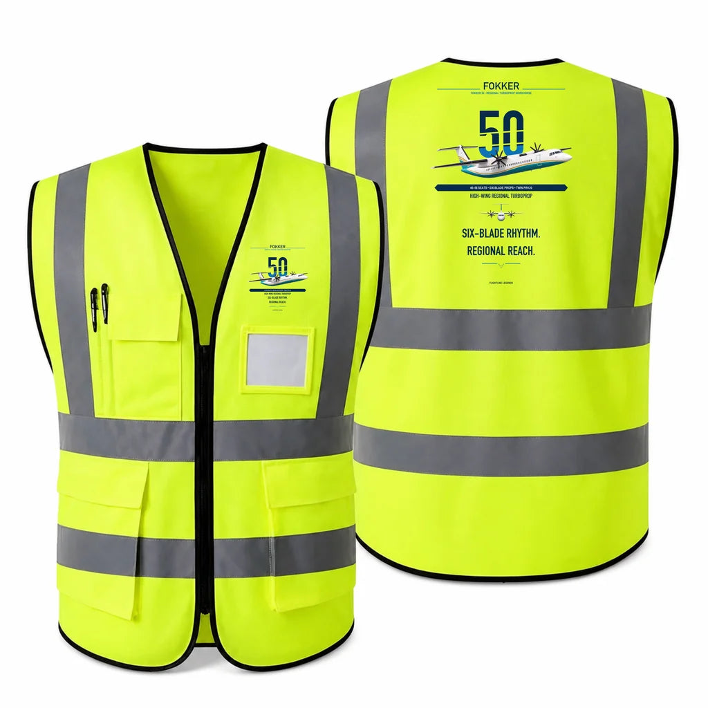 Fokker 50 aviation design on fluorescent green high-visibility reflective vest