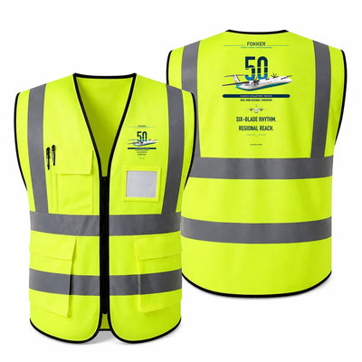 Fokker 50 aviation design on fluorescent green high-visibility reflective vest