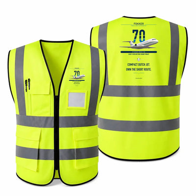 Fokker 70 aviation design on fluorescent green high-visibility reflective vest