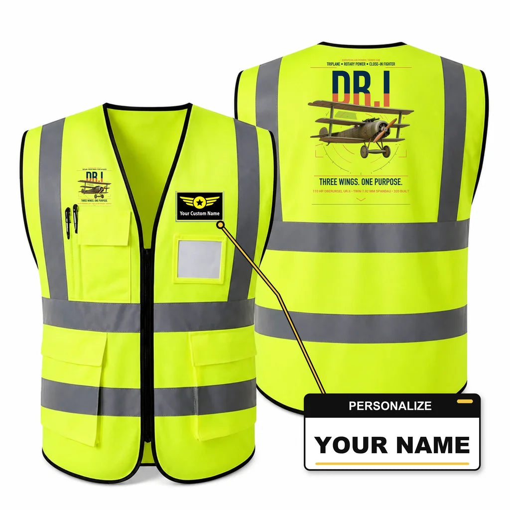 Fokker Dr.I aviation design on fluorescent green high-visibility reflective vest with custom name badge
