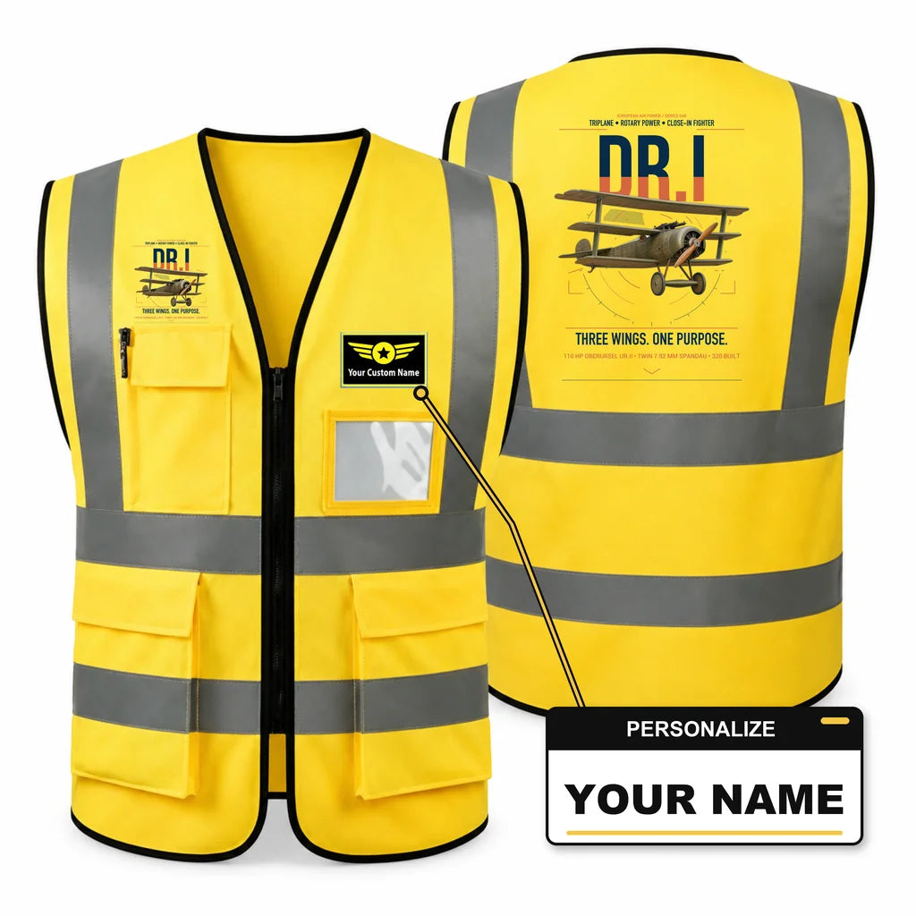Fokker Dr.I aviation design on yellow high-visibility reflective vest with custom name badge