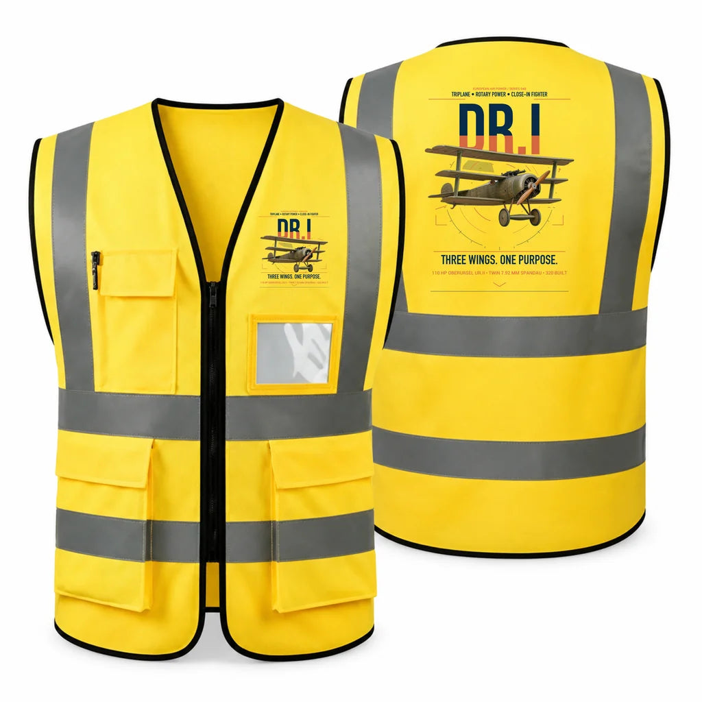 Fokker Dr.I aviation design on yellow high-visibility reflective vest