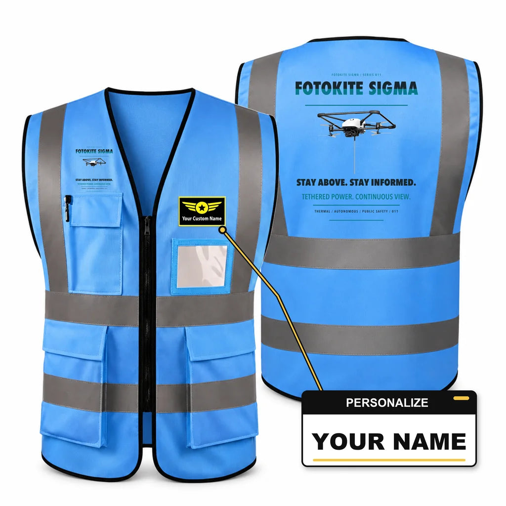 Fotokite Sigma aviation design on blue high-visibility reflective vest with custom name badge