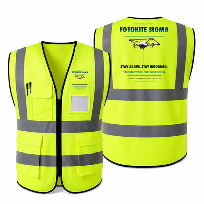 Fotokite Sigma aviation design on fluorescent green high-visibility reflective vest