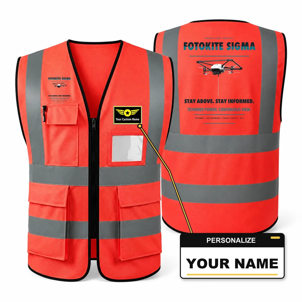 Fotokite Sigma aviation design on red high-visibility reflective vest with custom name badge