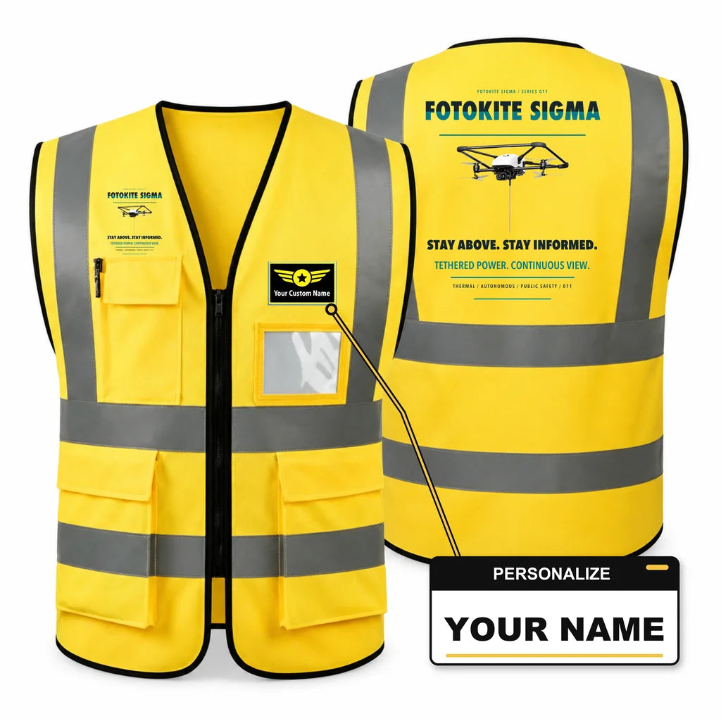 Fotokite Sigma aviation design on yellow high-visibility reflective vest with custom name badge