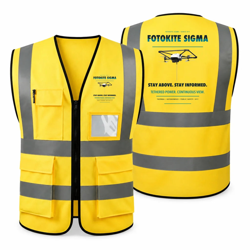 Fotokite Sigma aviation design on yellow high-visibility reflective vest