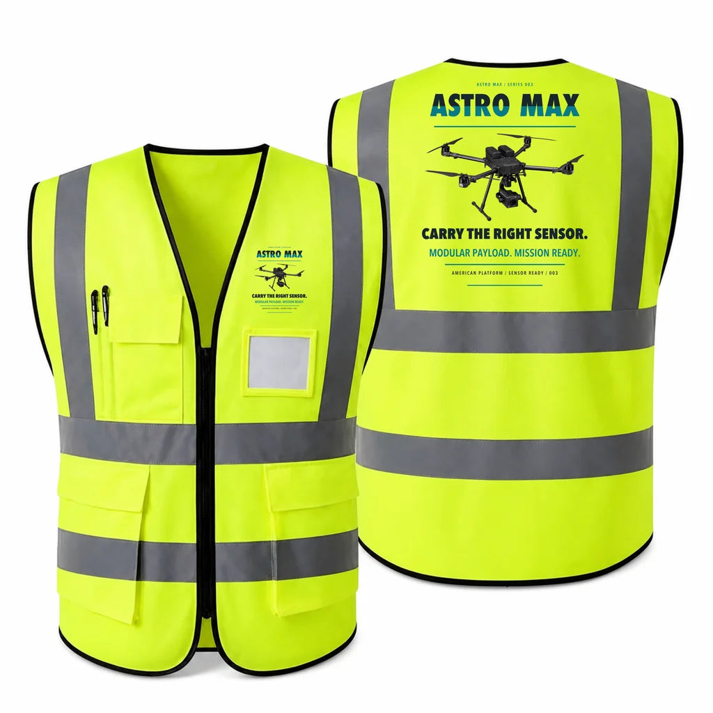 Freefly Astro Max aviation design on fluorescent green high-visibility reflective vest