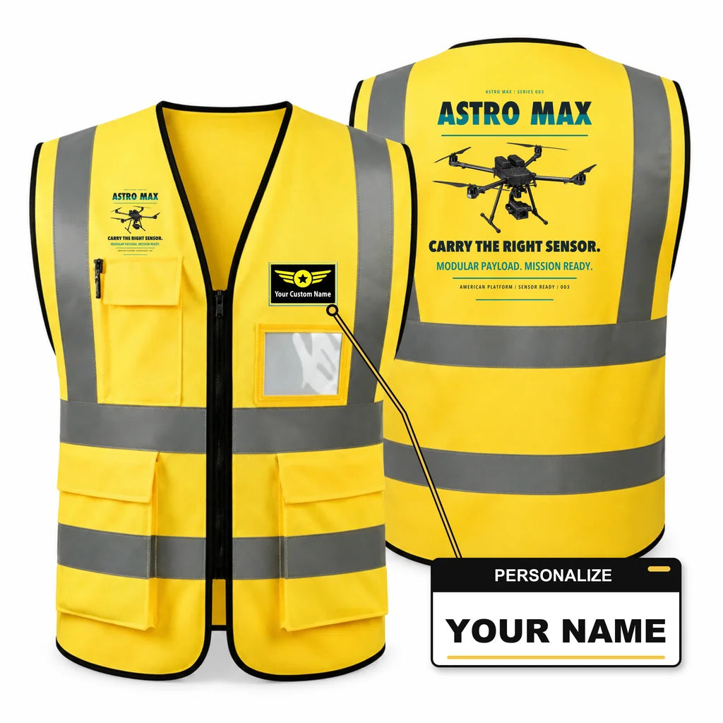Freefly Astro Max aviation design on yellow high-visibility reflective vest with custom name badge