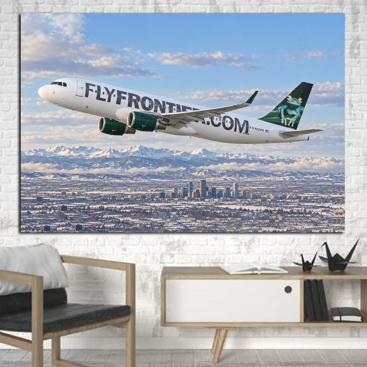 Frontier Airlines Airbus A320-200 clean departure above Denver after a winter snowbreak canvas - 1 Piece