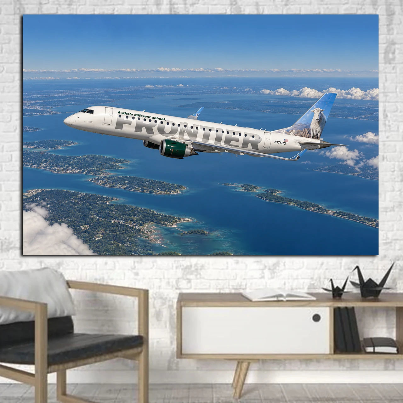 Frontier Airlines Embraer E190 clean regional jet passage above the Great Lakes canvas - 1 Piece