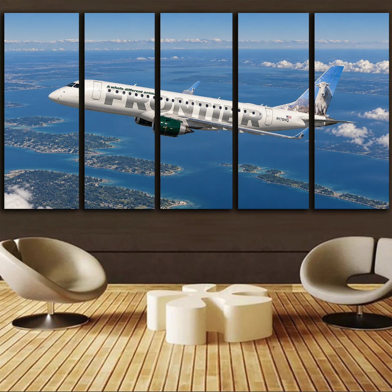 Frontier Airlines Embraer E190 clean regional jet passage above the Great Lakes canvas - 5 Pieces