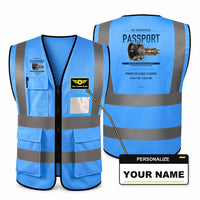 Thumbnail for PASSPORT aviation design on blue high-visibility reflective vest with custom name badge