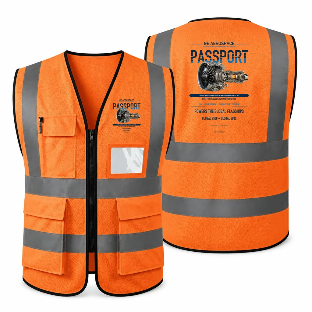 PASSPORT aviation design on orange high-visibility reflective vest