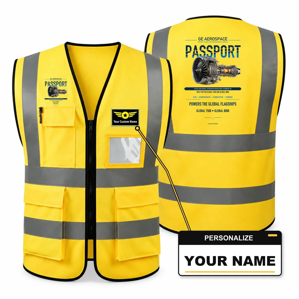 PASSPORT aviation design on yellow high-visibility reflective vest with custom name badge