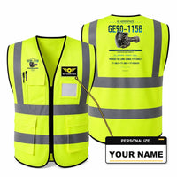 Thumbnail for GE90-115B aviation design on fluorescent green high-visibility reflective vest with custom name badge