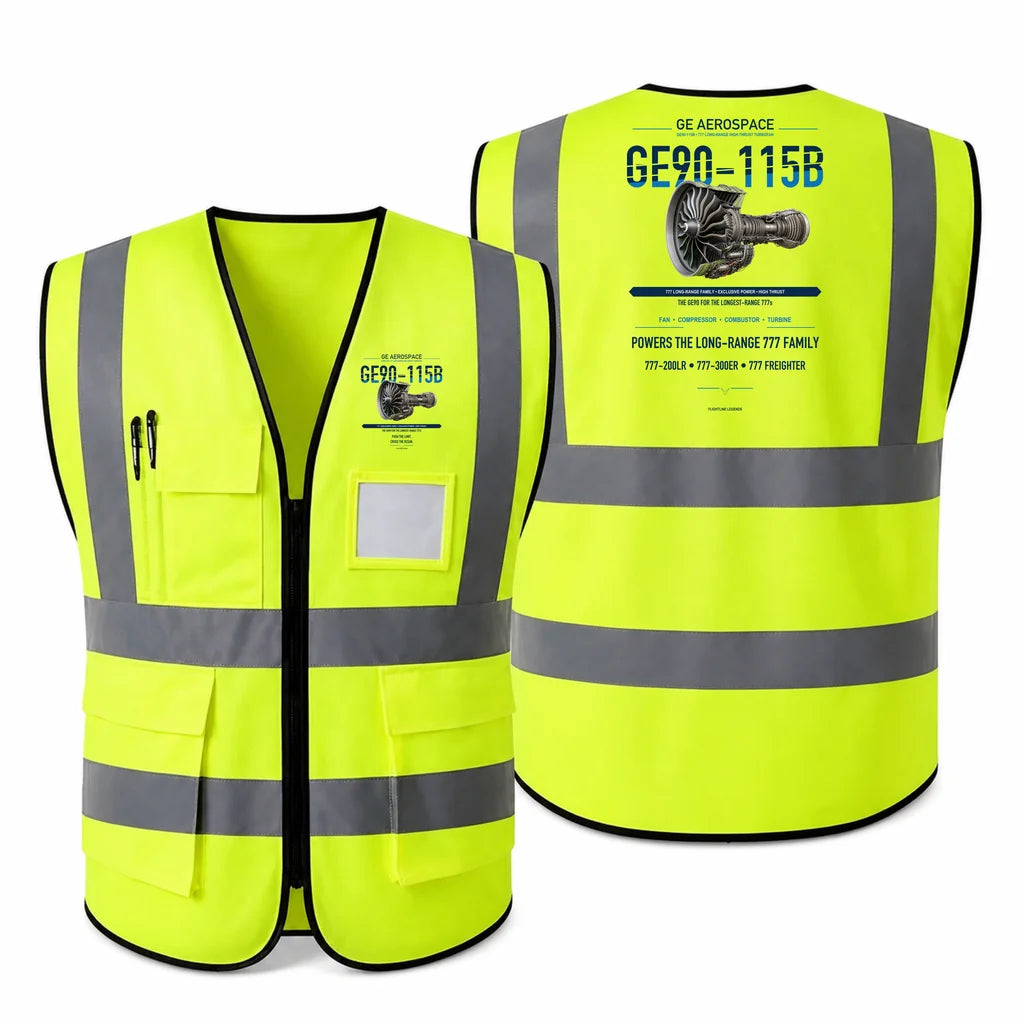GE90-115B aviation design on fluorescent green high-visibility reflective vest