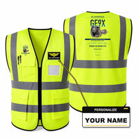 Thumbnail for GE9X aviation design on fluorescent green high-visibility reflective vest with custom name badge