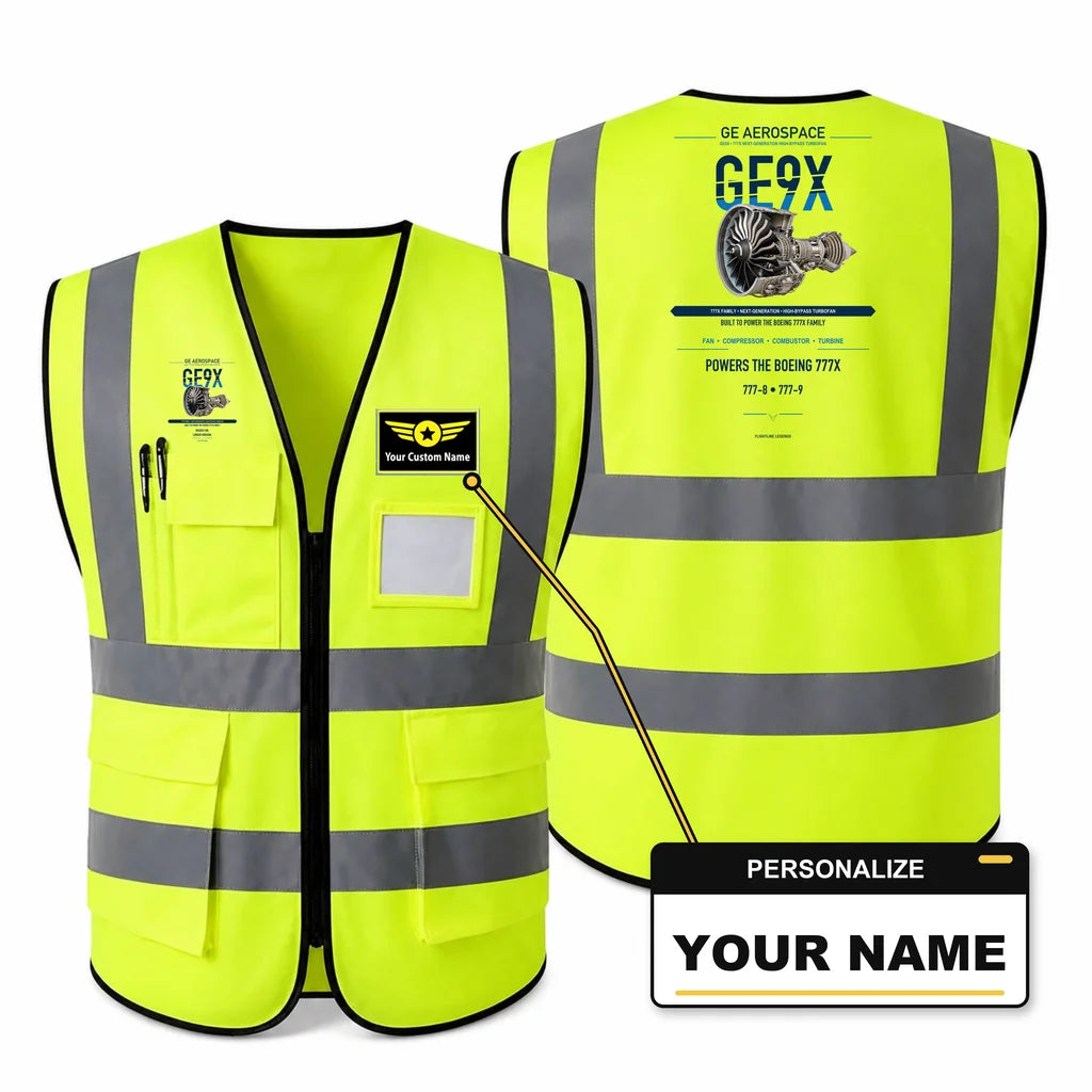GE9X aviation design on fluorescent green high-visibility reflective vest with custom name badge