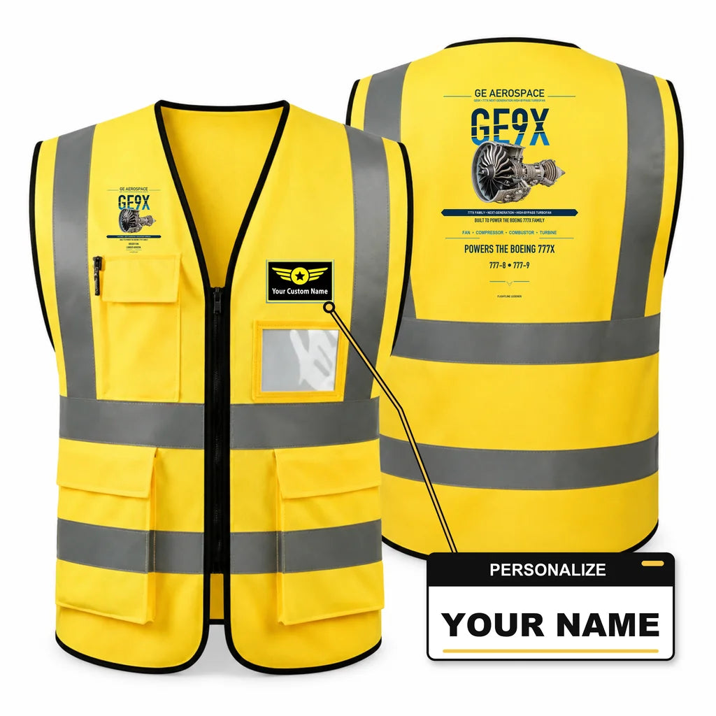 GE9X aviation design on yellow high-visibility reflective vest with custom name badge