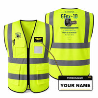 Thumbnail for GEnx-1B aviation design on fluorescent green high-visibility reflective vest with custom name badge