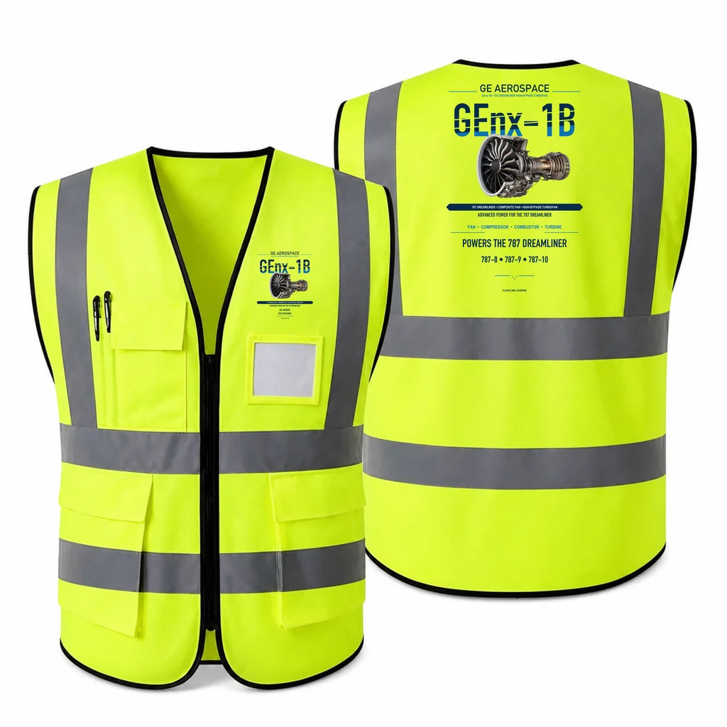 GEnx-1B aviation design on fluorescent green high-visibility reflective vest
