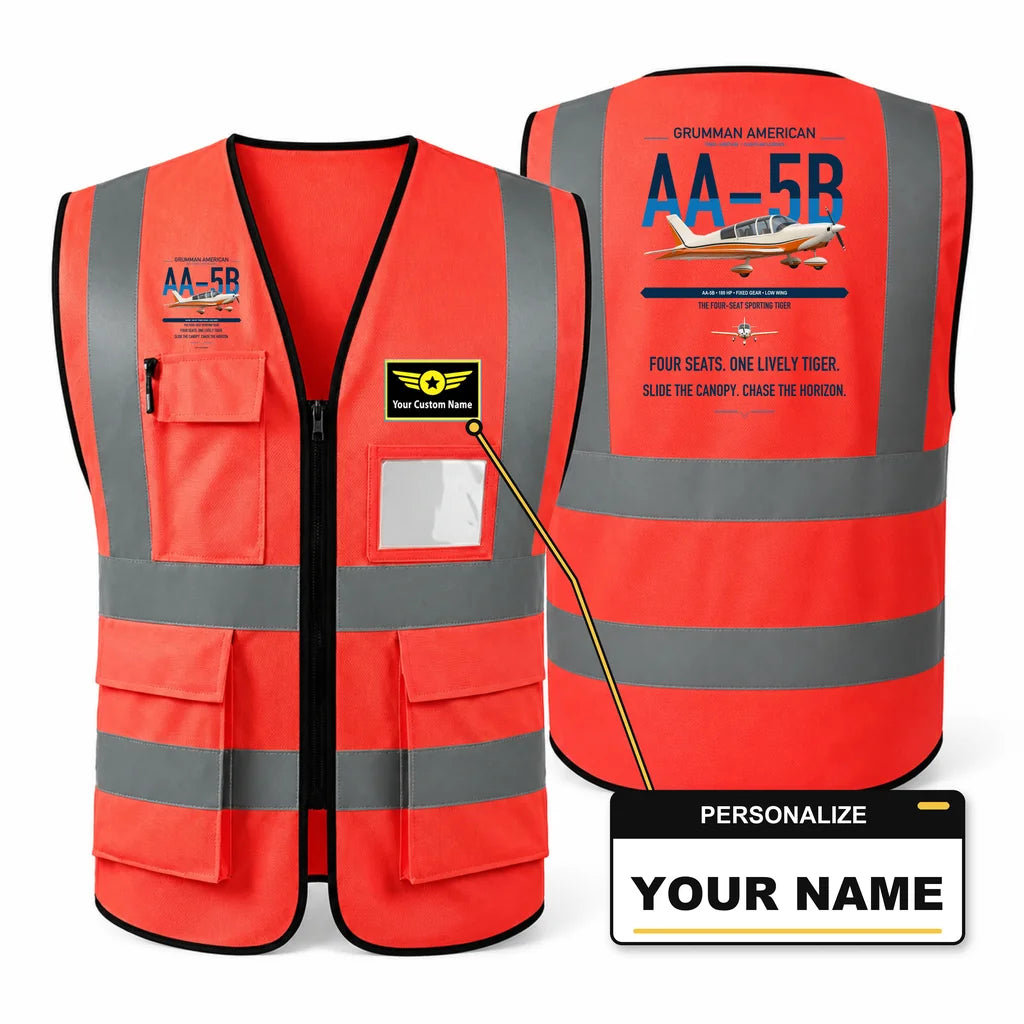 Grumman American AA-5B Tiger aviation design on red high-visibility reflective vest with custom name badge