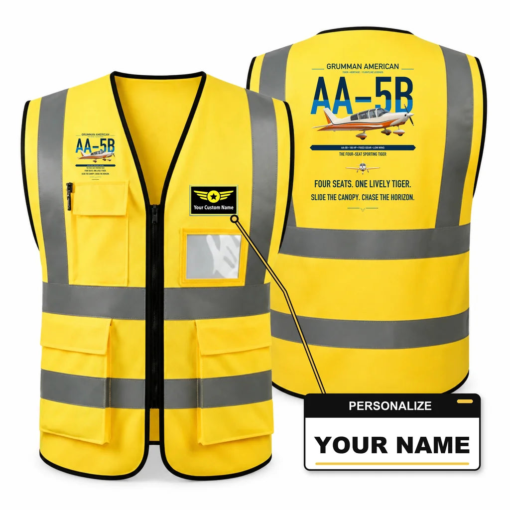 Grumman American AA-5B Tiger aviation design on yellow high-visibility reflective vest with custom name badge