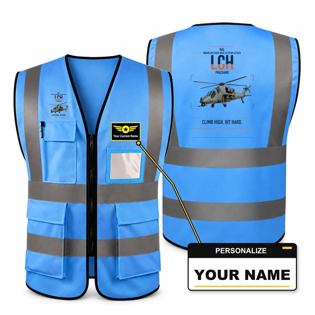 HAL LCH Prachand aviation design on blue high-visibility reflective vest with custom name badge