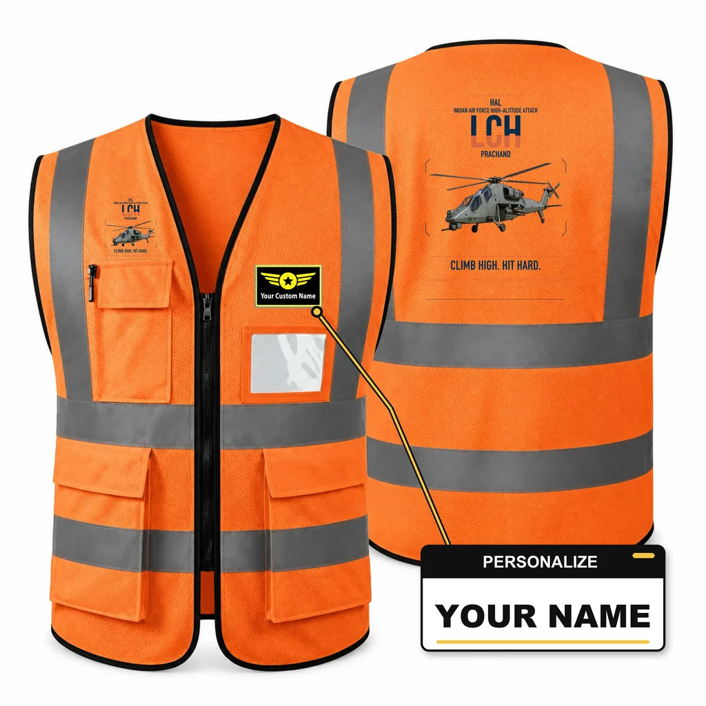 HAL LCH Prachand aviation design on orange high-visibility reflective vest with custom name badge