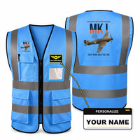Thumbnail for Hawker Hurricane Mk I aviation design on blue high-visibility reflective vest with custom name badge