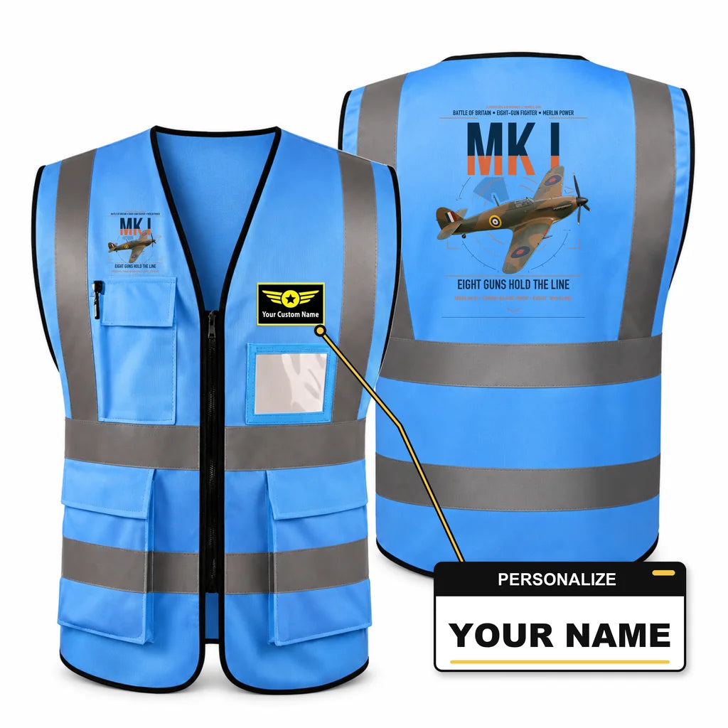 Hawker Hurricane Mk I aviation design on blue high-visibility reflective vest with custom name badge