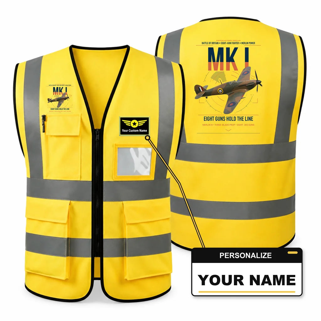 Hawker Hurricane Mk I aviation design on yellow high-visibility reflective vest with custom name badge