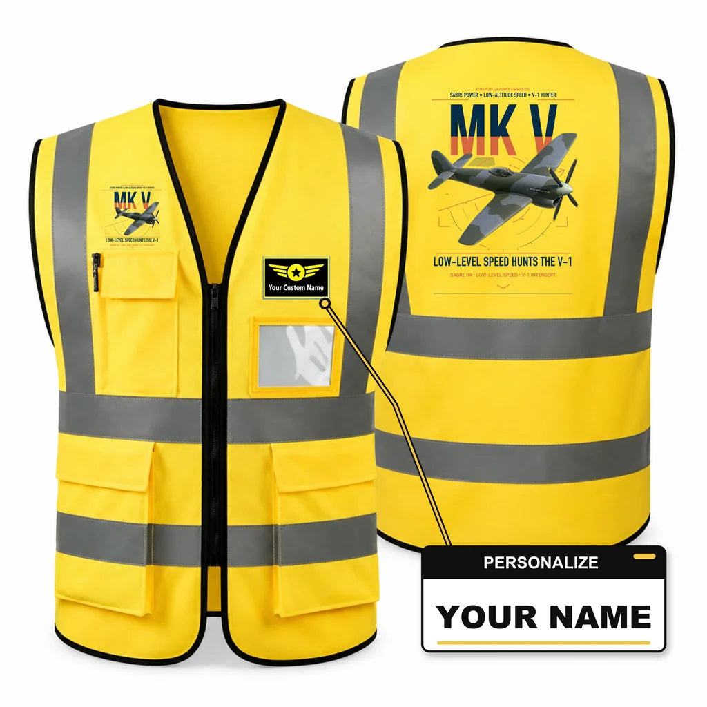Hawker Tempest Mk V aviation design on yellow high-visibility reflective vest with custom name badge