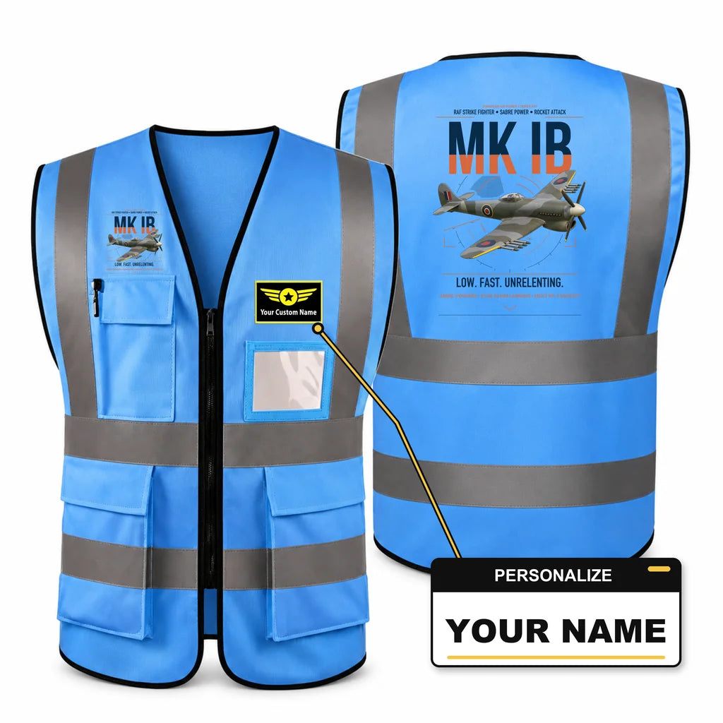Hawker Typhoon Mk IB aviation design on blue high-visibility reflective vest with custom name badge