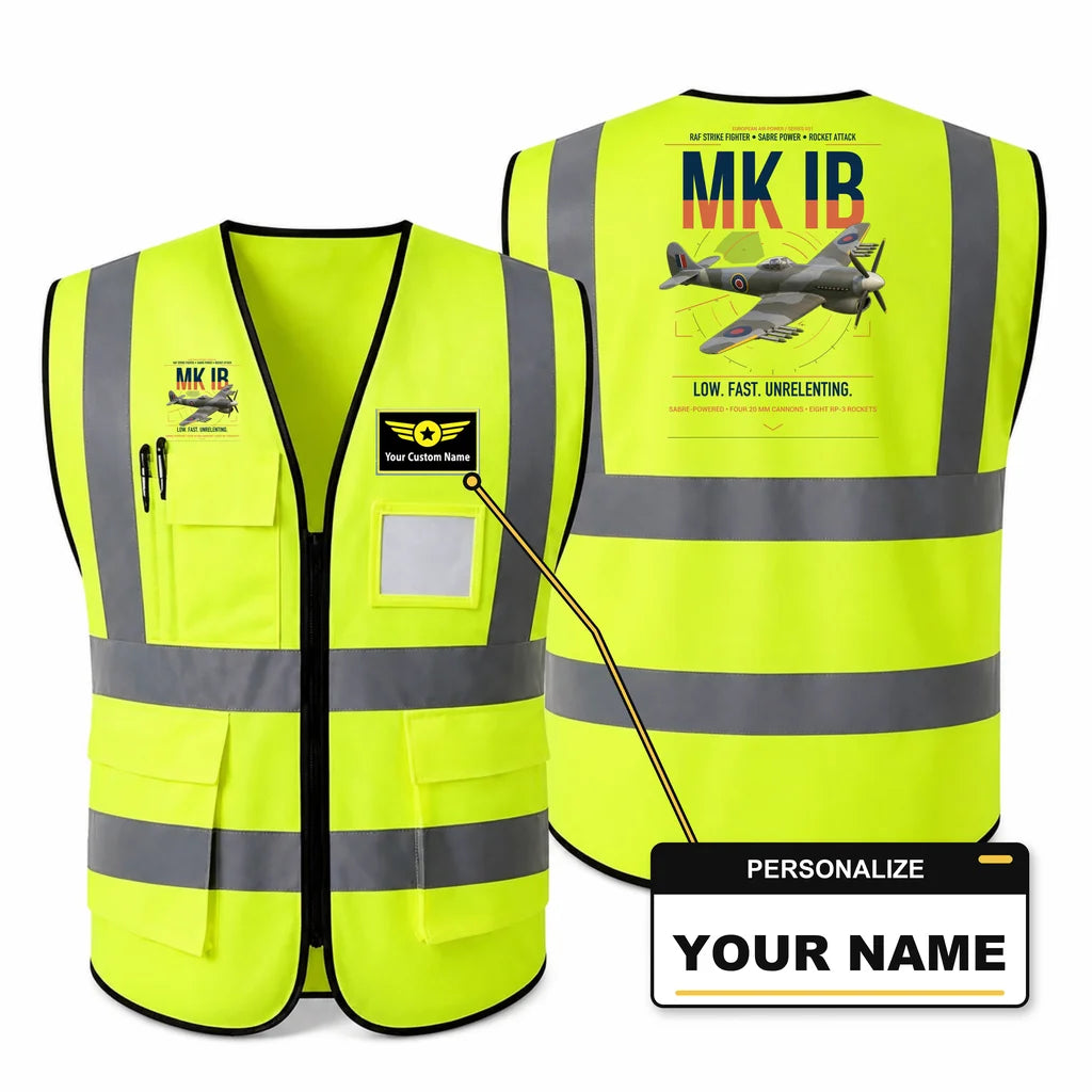 Hawker Typhoon Mk IB aviation design on fluorescent green high-visibility reflective vest with custom name badge