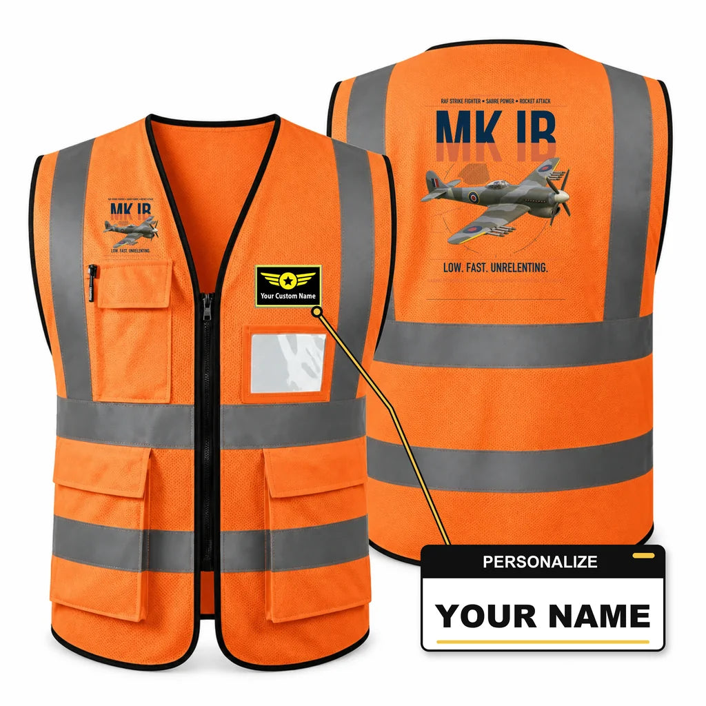 Hawker Typhoon Mk IB aviation design on orange high-visibility reflective vest with custom name badge