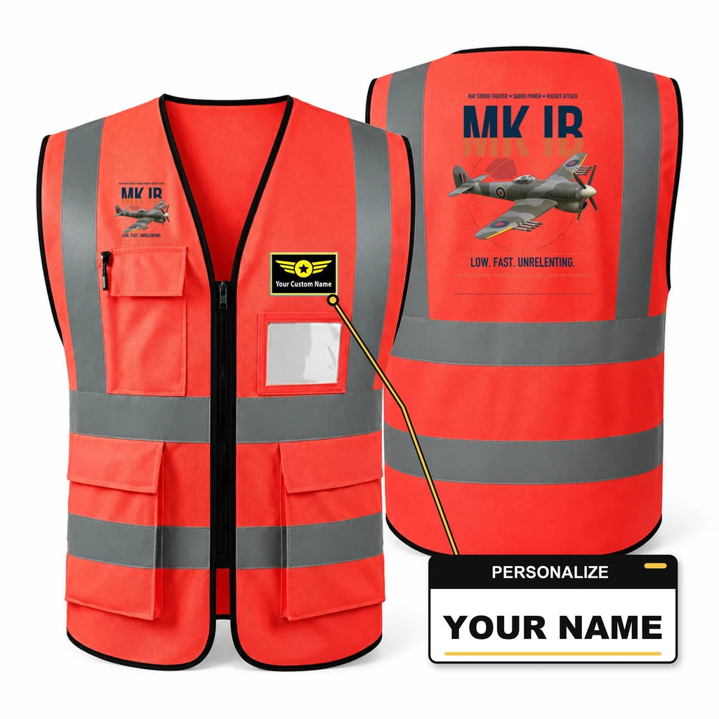 Hawker Typhoon Mk IB aviation design on red high-visibility reflective vest with custom name badge