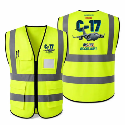 Boeing C-17A Globemaster III - Big lift. Bigger heart. design on fluorescent green high-visibility reflective vest