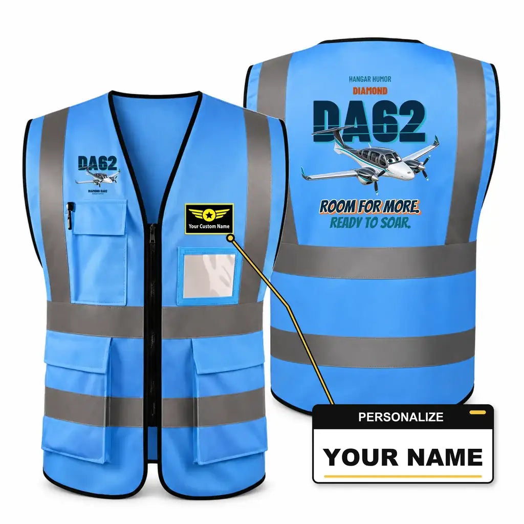 Diamond DA62 - Room for more. Ready to soar. design on blue high-visibility reflective vest with custom name badge