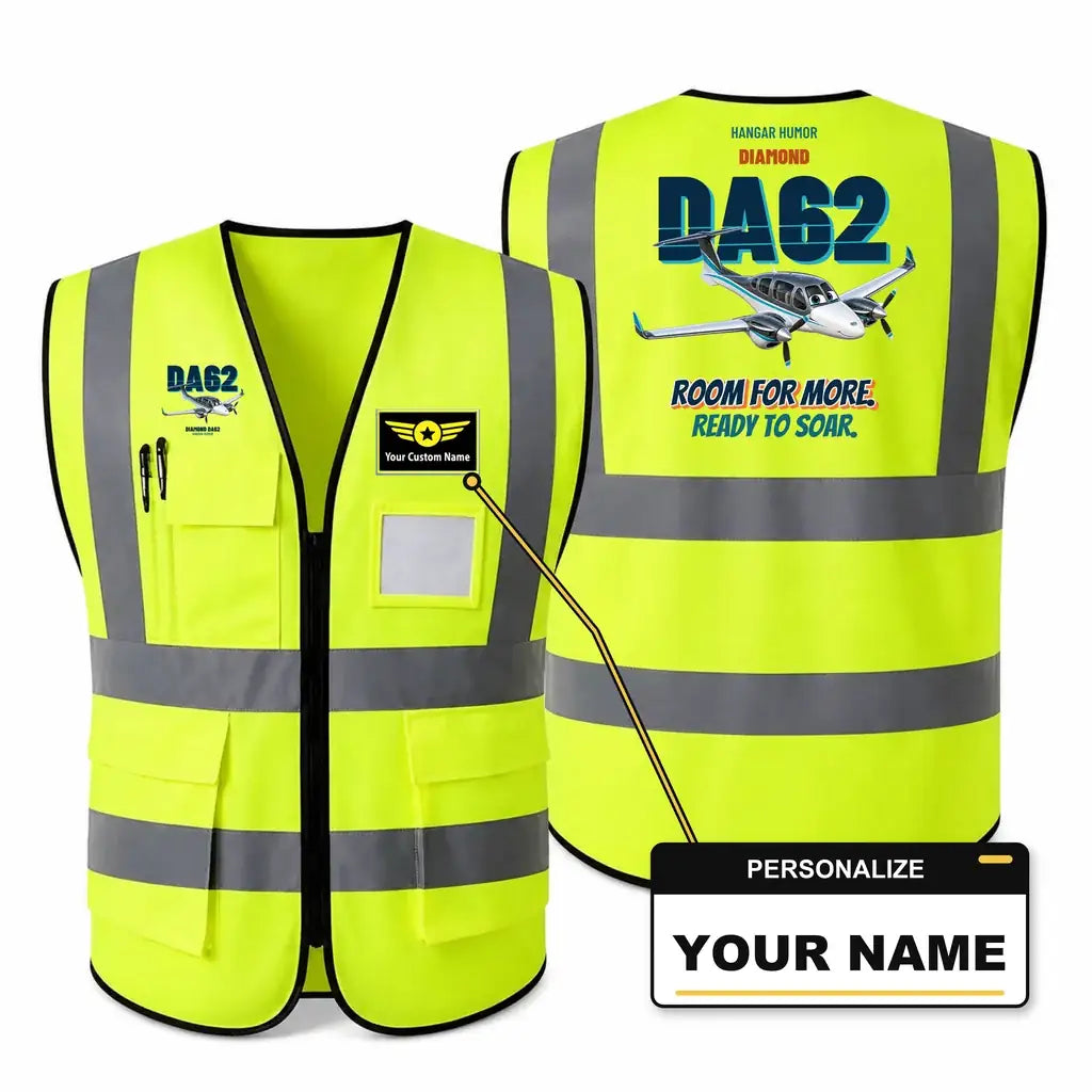 Diamond DA62 - Room for more. Ready to soar. design on fluorescent green high-visibility reflective vest with custom name badge