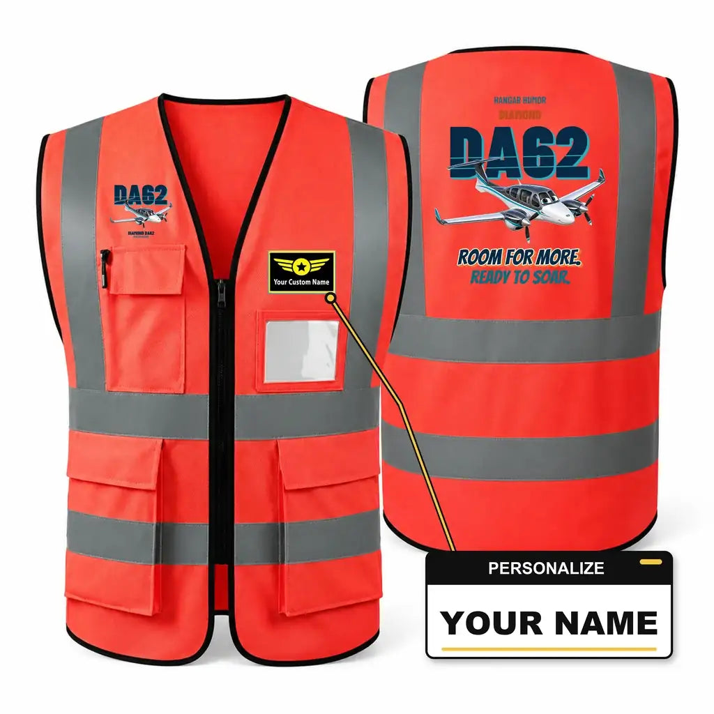 Diamond DA62 - Room for more. Ready to soar. design on red high-visibility reflective vest with custom name badge