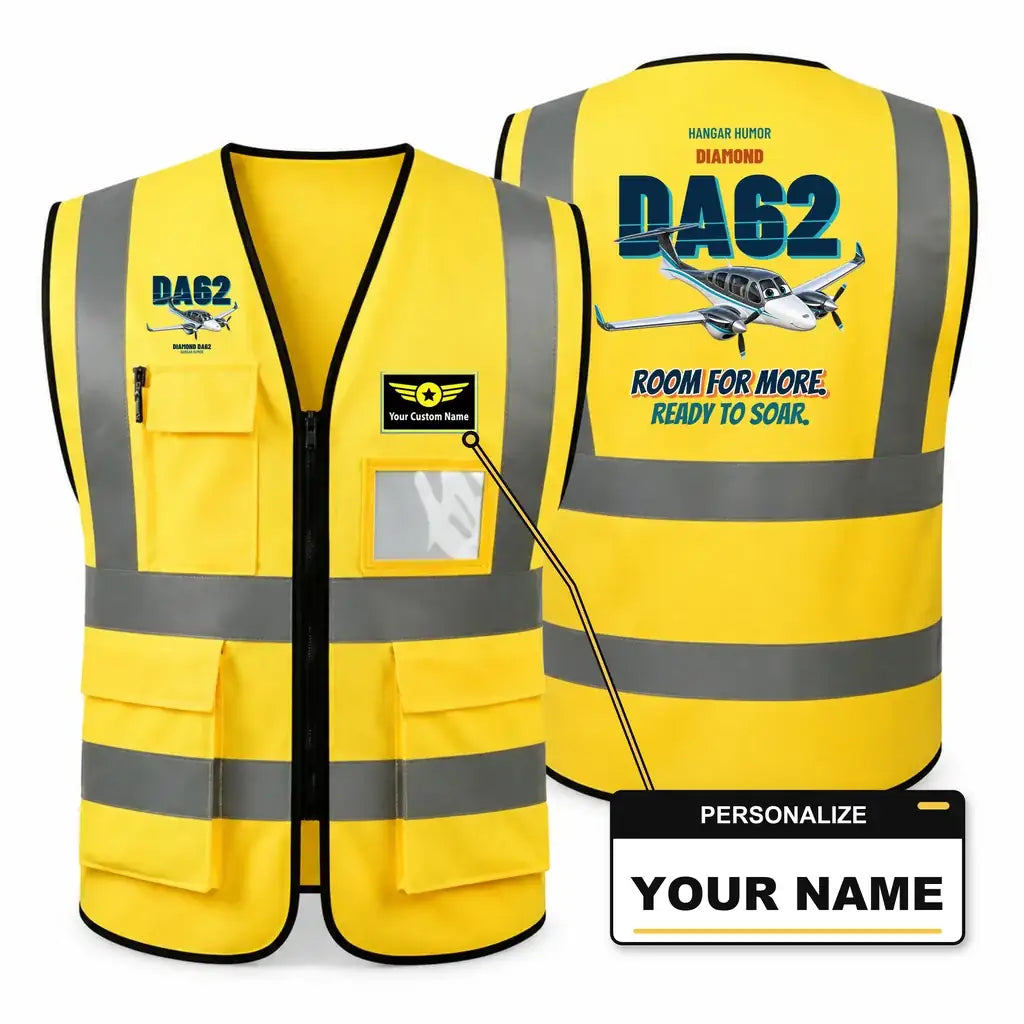 Diamond DA62 - Room for more. Ready to soar. design on yellow high-visibility reflective vest with custom name badge