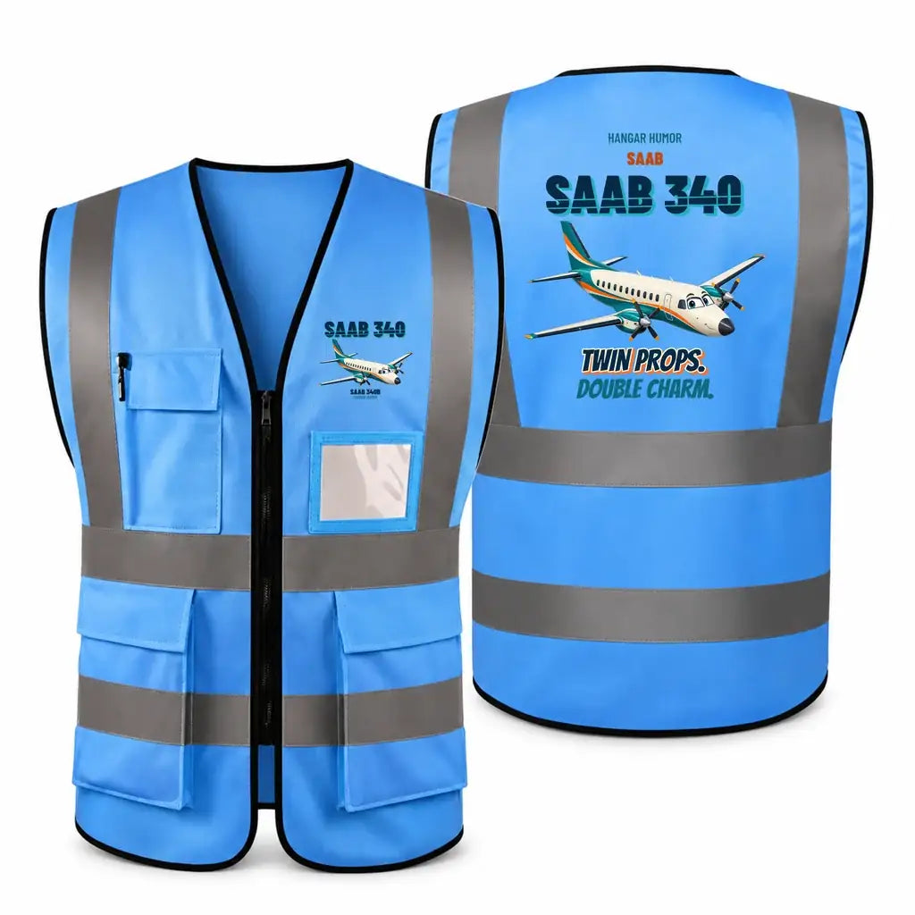 Saab 340B - Twin props. Double charm. design on blue high-visibility reflective vest