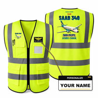 Thumbnail for Saab 340B - Twin props. Double charm. design on fluorescent green high-visibility reflective vest with custom name badge