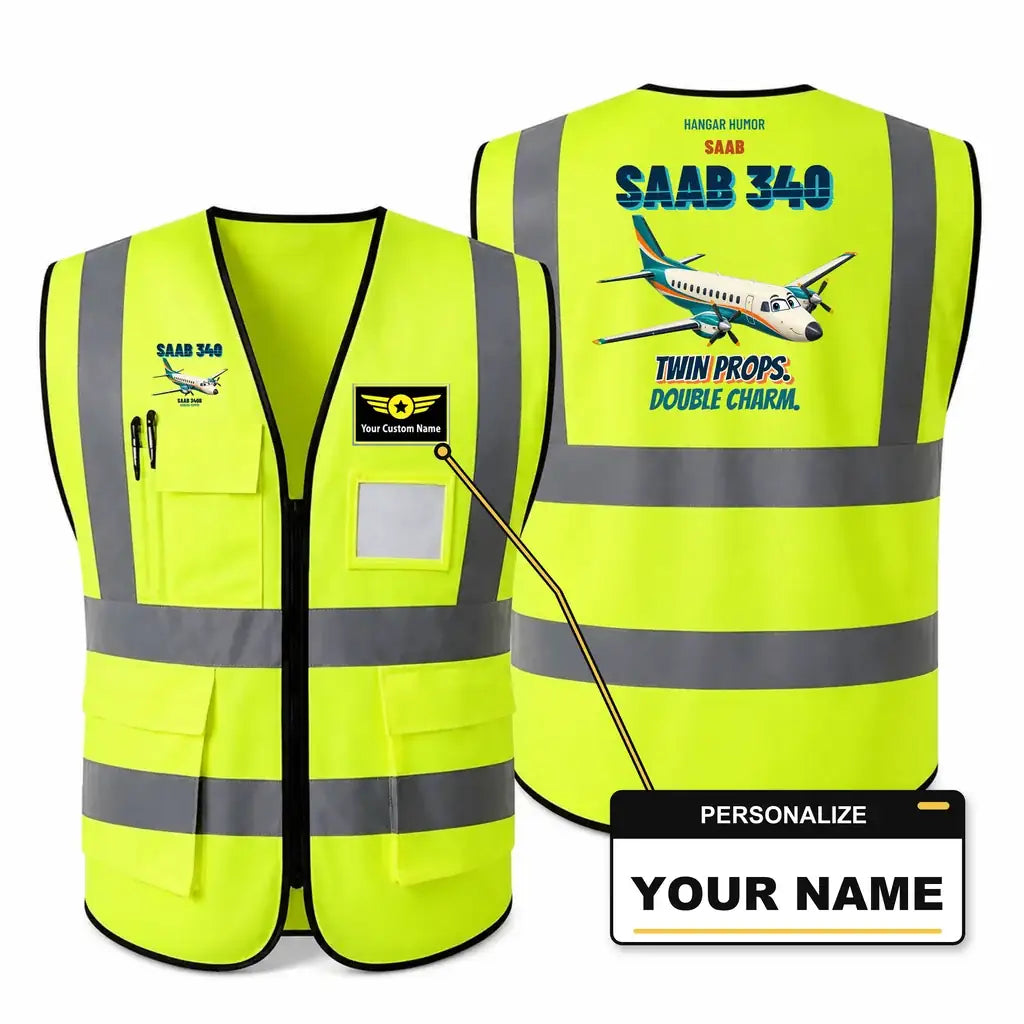 Saab 340B - Twin props. Double charm. design on fluorescent green high-visibility reflective vest with custom name badge