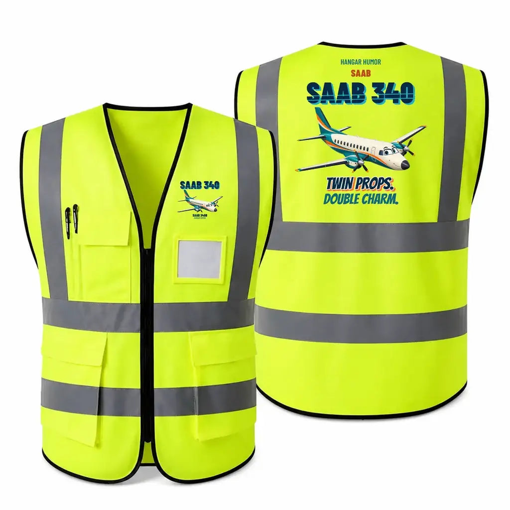 Saab 340B - Twin props. Double charm. design on fluorescent green high-visibility reflective vest